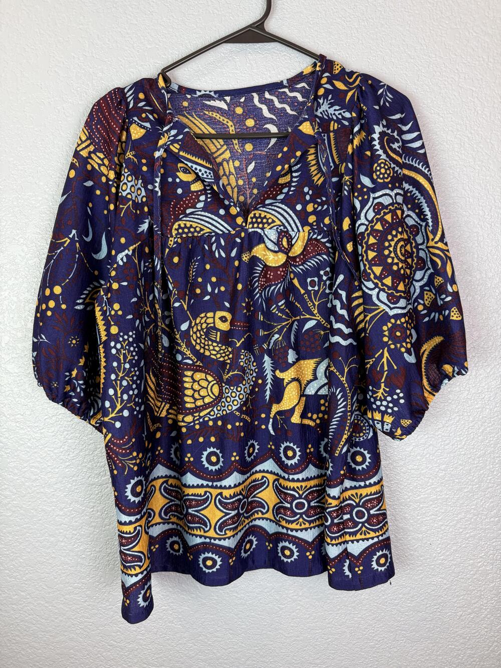 Boho Batik Print Shirt Womens Large Blue Yellow Peasant Tunic Balloon Sleeve